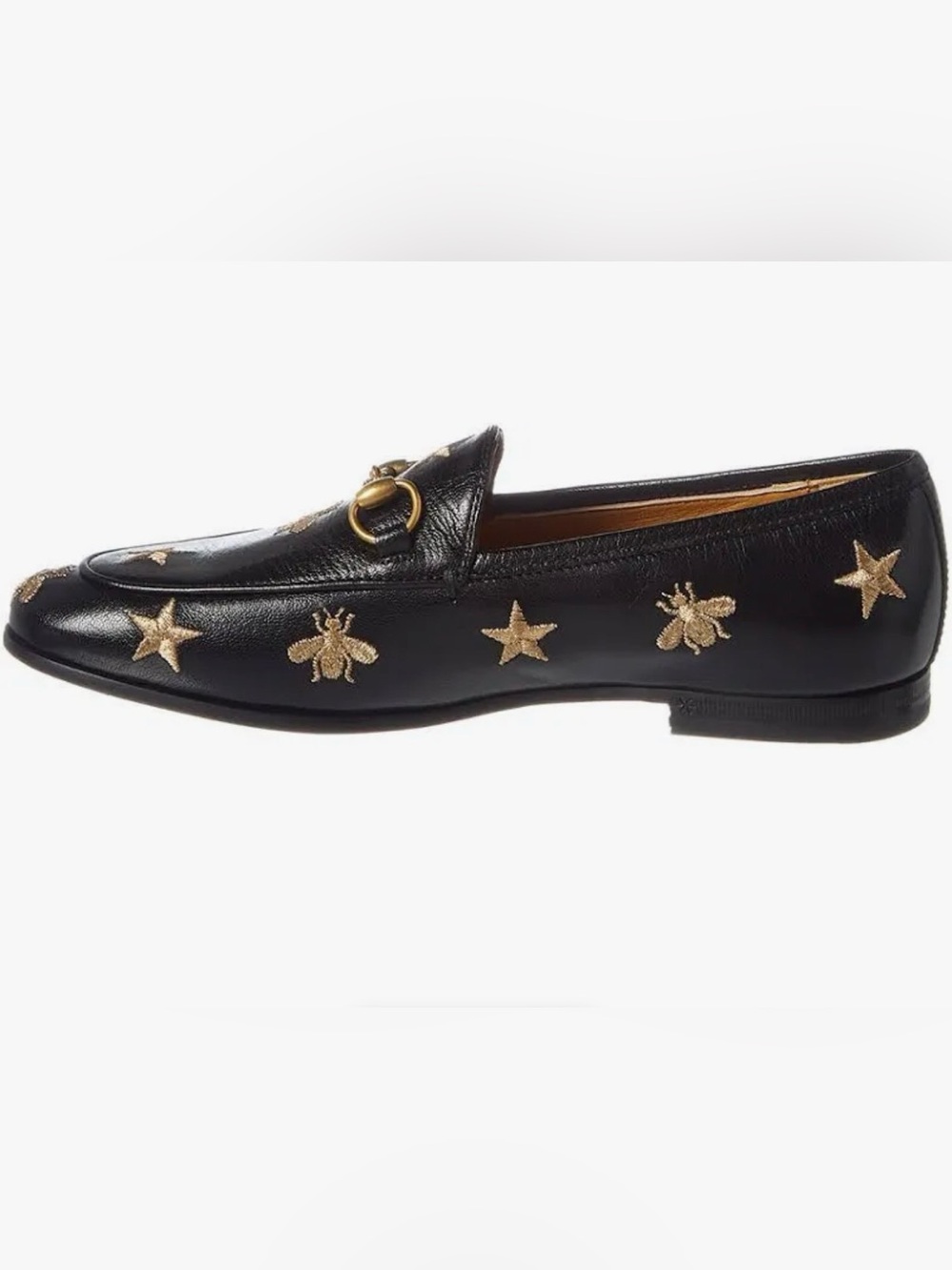 Gucci Black Leather Horsebit Loafers with Gold Star & Bee Embroidery